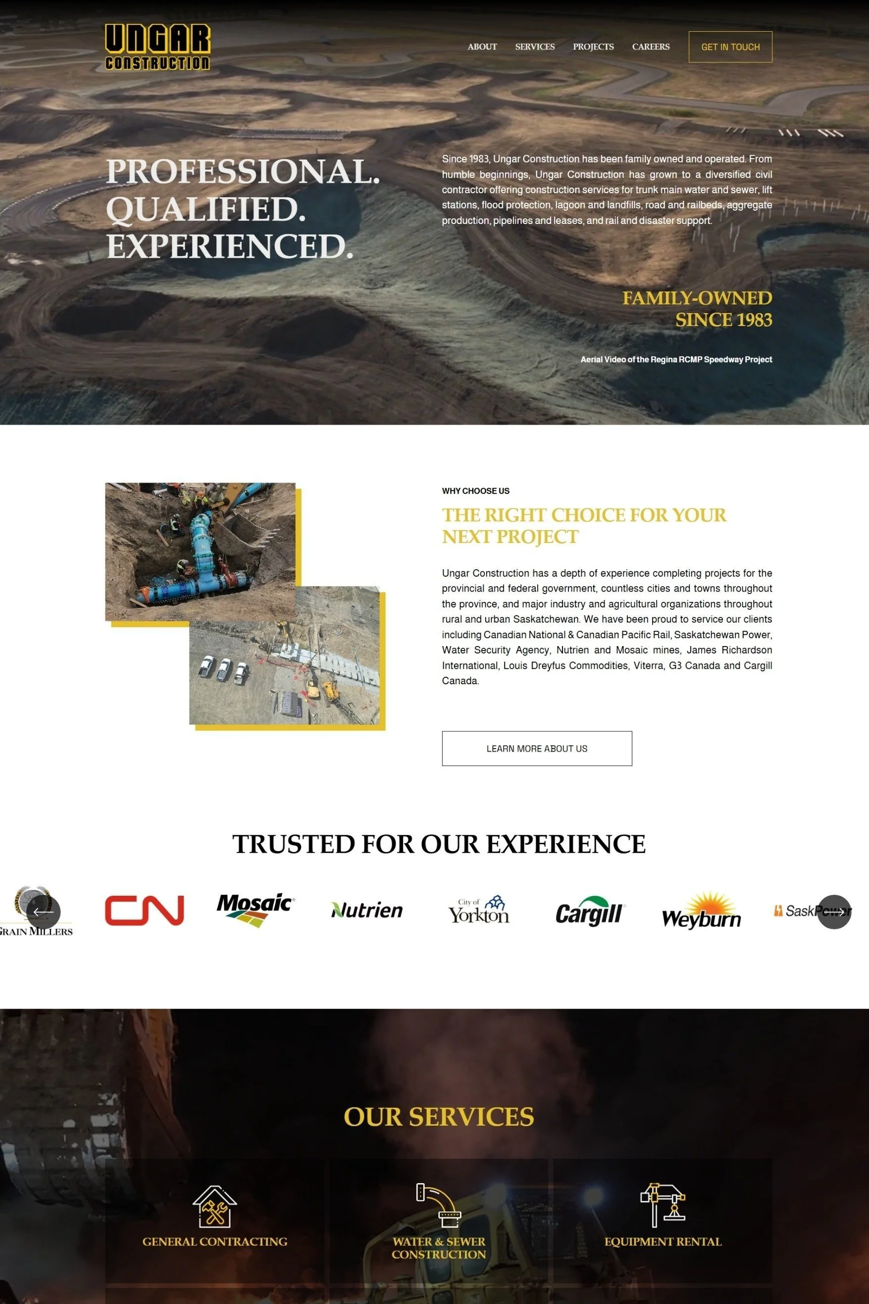 Screenshot of Ungar Construction's website homepage featuring aerial views of construction sites, pipes, and machinery related to civil construction projects.