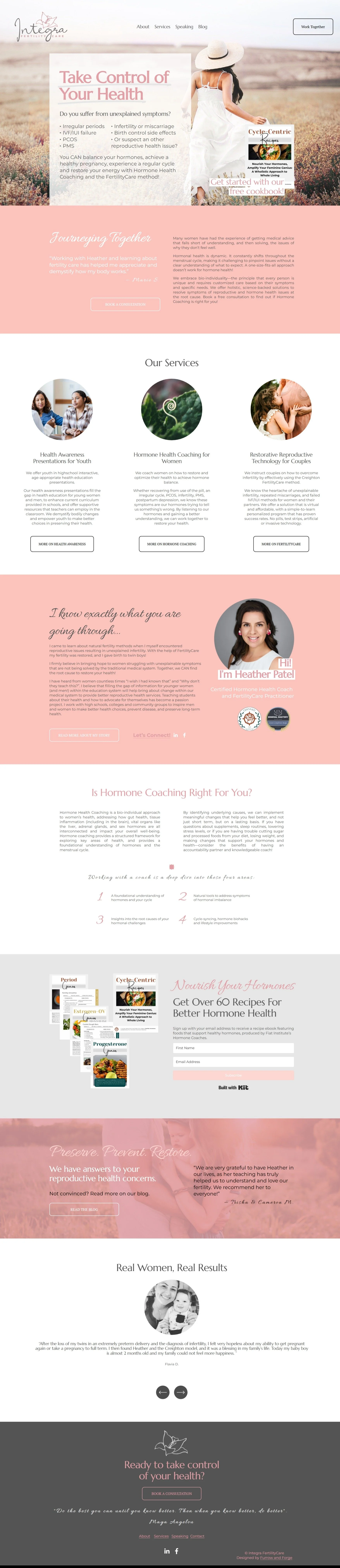 Homepage of a health coaching website with a header image of a woman in a field, promotional text about taking control of health, services offered including health awareness, fertility coaching, and reproductive technology, and a welcoming message from Heather Patel, health coach.