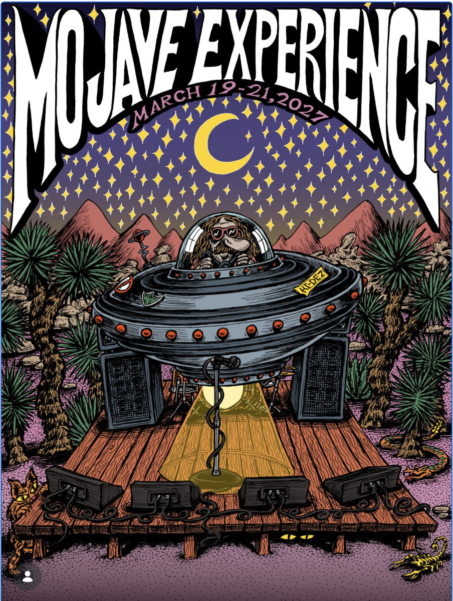 Colorful poster advertising the Mojave Experience music event from March 19-21, 2022, featuring a cartoon desert scene with palm trees, mountains, a crescent moon, and a UFO with a man inside, on a wooden stage with lighting and speakers.