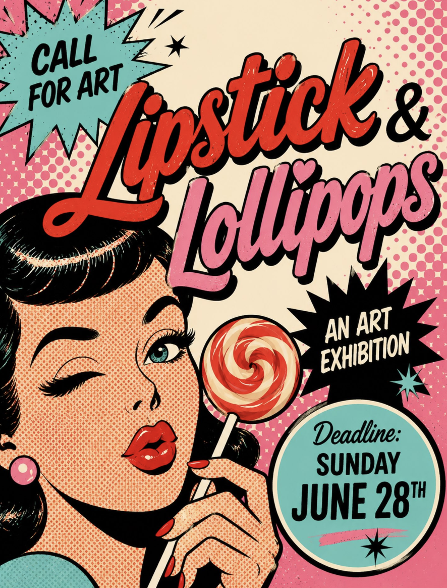 A colorful pop art style poster promoting a call for art contest featuring lipstick and lollipops, with a woman winking and holding a lollipop, deadline June 28.