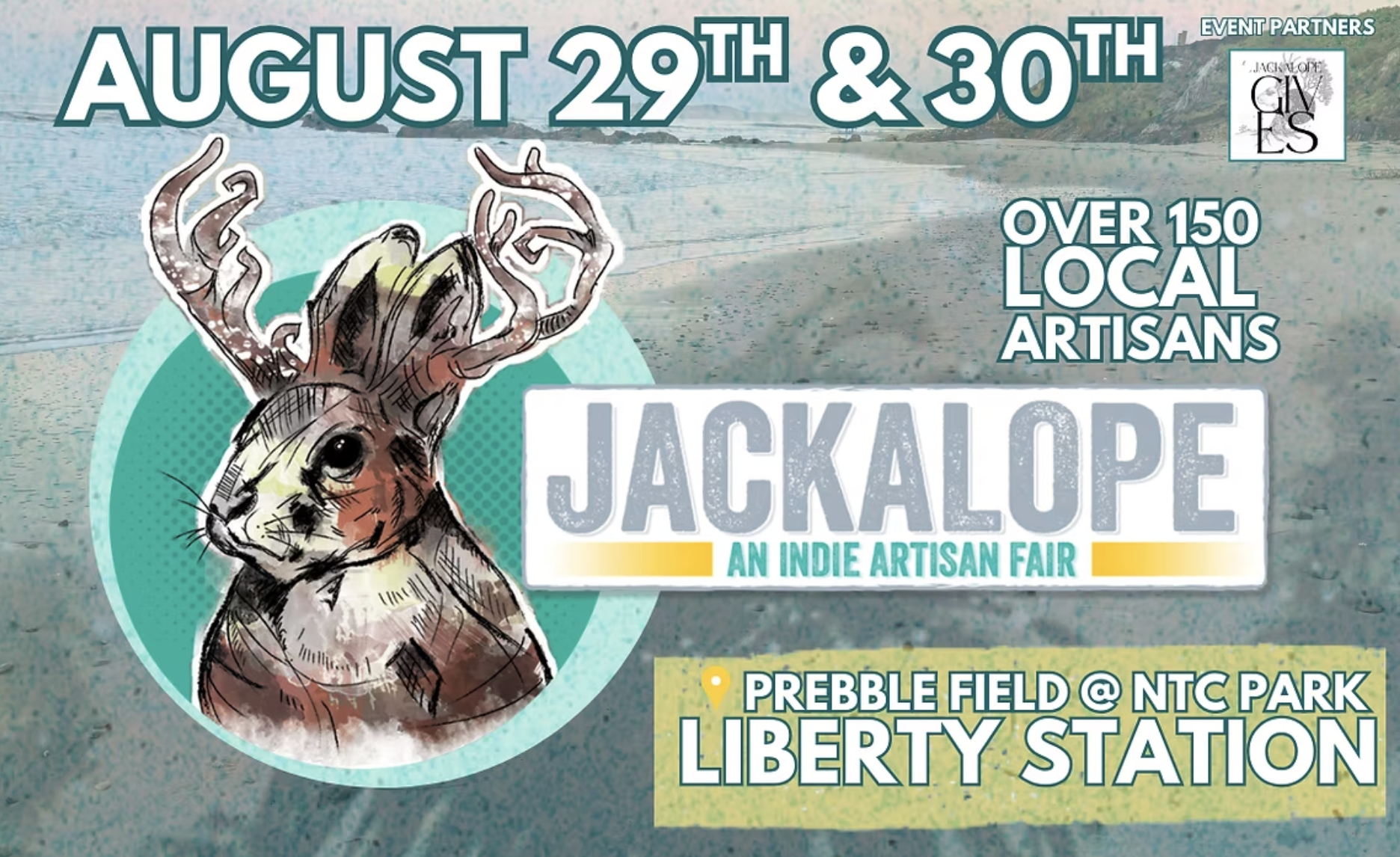 Promotional flyer for Jackalope indie artisan fair on August 29th and 30th at Liberty Station, featuring a colorful illustration of a jackalope with antlers and a deer head, with event details and partner logos.