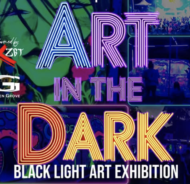 Neon sign reading 'Art in the Dark', promoting a Black Light Art Exhibition, with colorful background artwork and silhouettes of visitors.