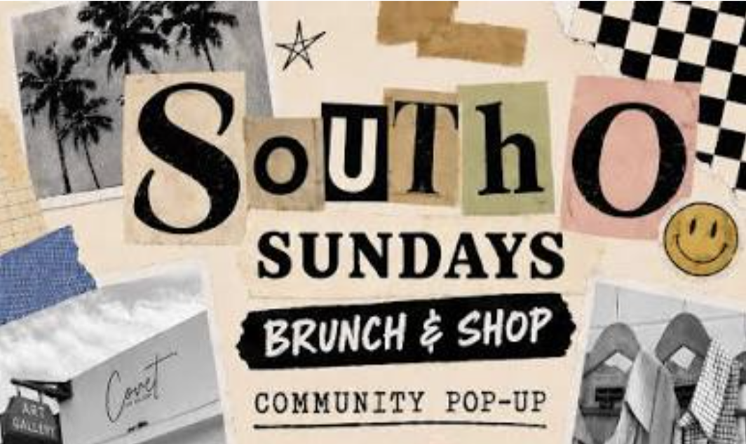 Collage-style poster advertising 'Sound Sundays' offering brunch and shopping, featuring various images such as palm trees, a happy face sticker, fabrics, buildings, and decorative tape.