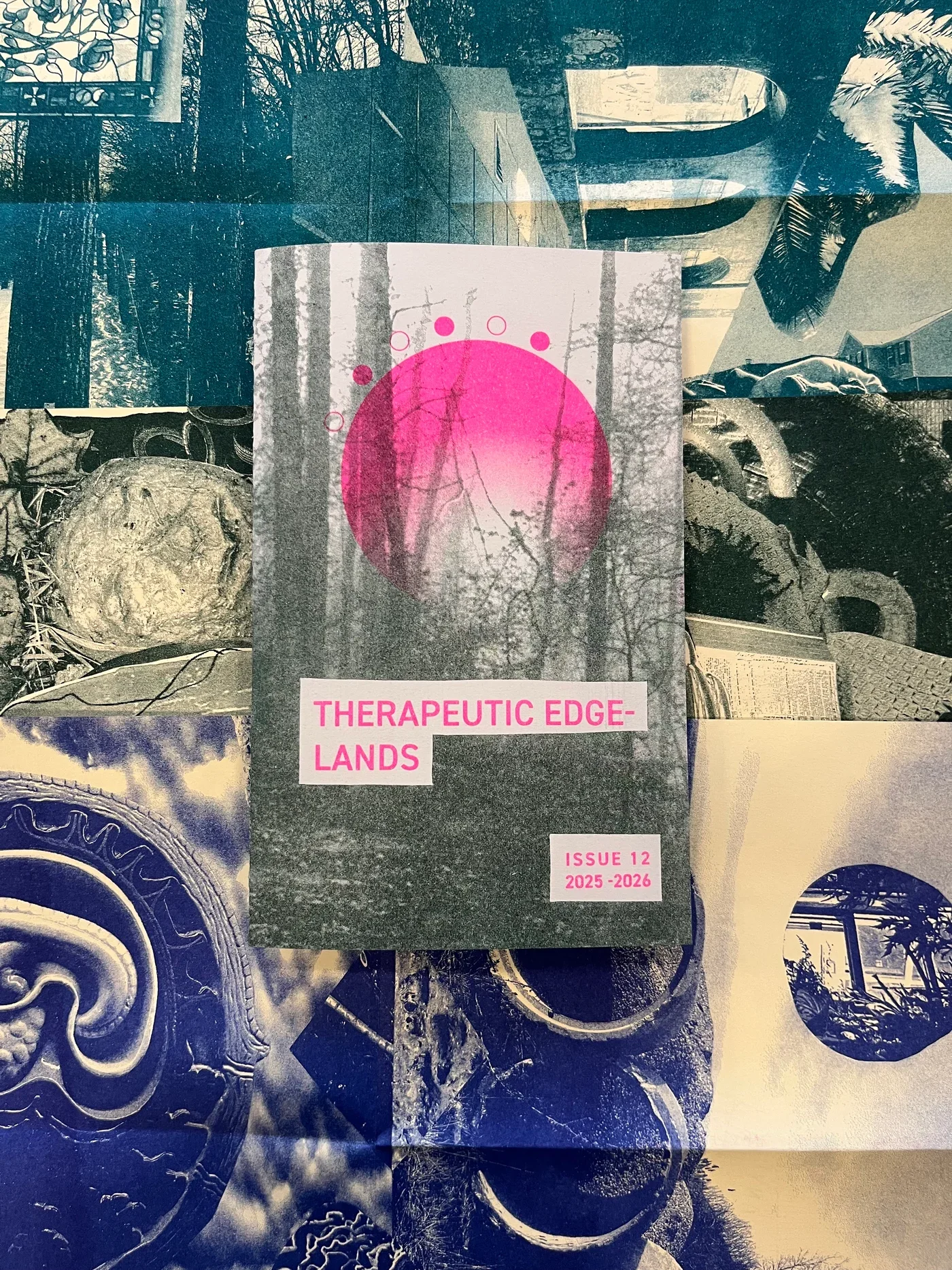 A collage of images including trees, brain anatomy, a car, and a pink circle with the text 'Therapeutic Edgelands, Issue 12, 2025-2026'.