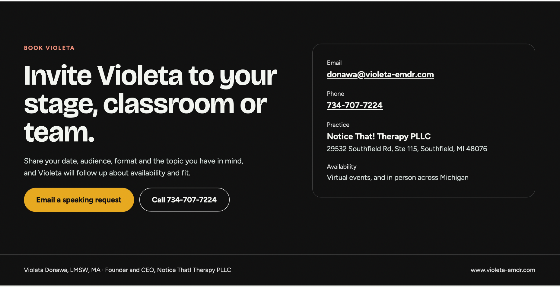 A promotional webpage for Violeta, inviting her to speak at stages, classrooms, or team events. It includes her contact information, practice name, address, and availability for virtual and in-person events in Michigan.