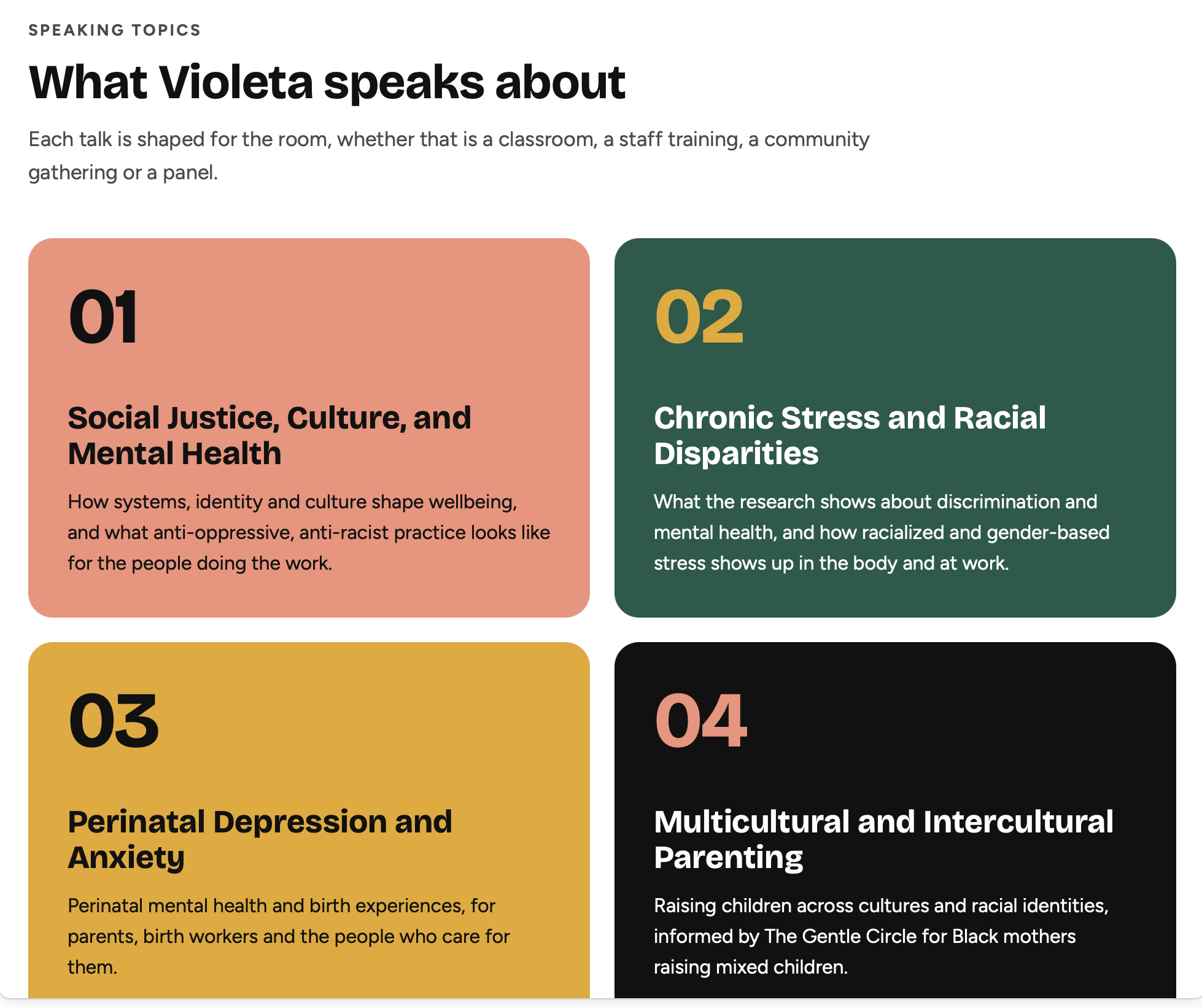A digital infographic listing four speaking topics. The topics are 'Social Justice, Culture, and Mental Health,' 'Chronic Stress and Racial Disparities,' 'Perinatal Depression and Anxiety,' and 'Multicultural and Intercultural Parenting.' Each topic is in a colored box with a brief description.