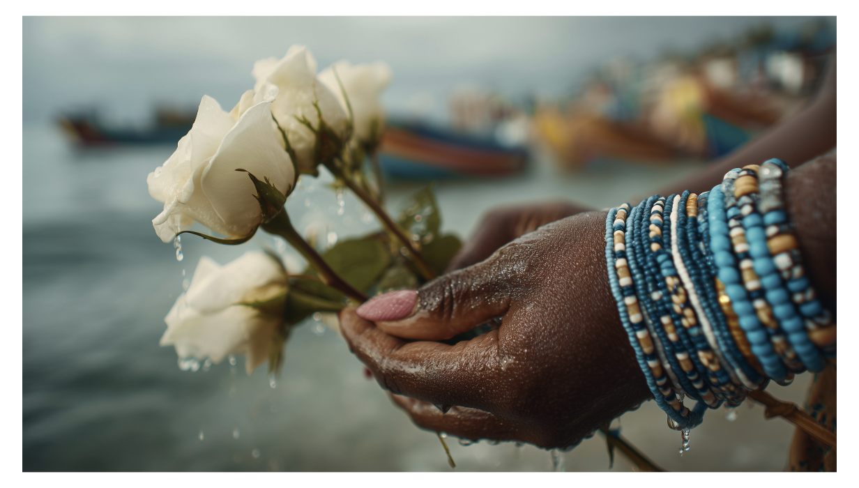 Close-up of a Black mother's hand holding white roses submerged in water, wearing multiple blue, white, and beige bracelets, with boats and water in the background.