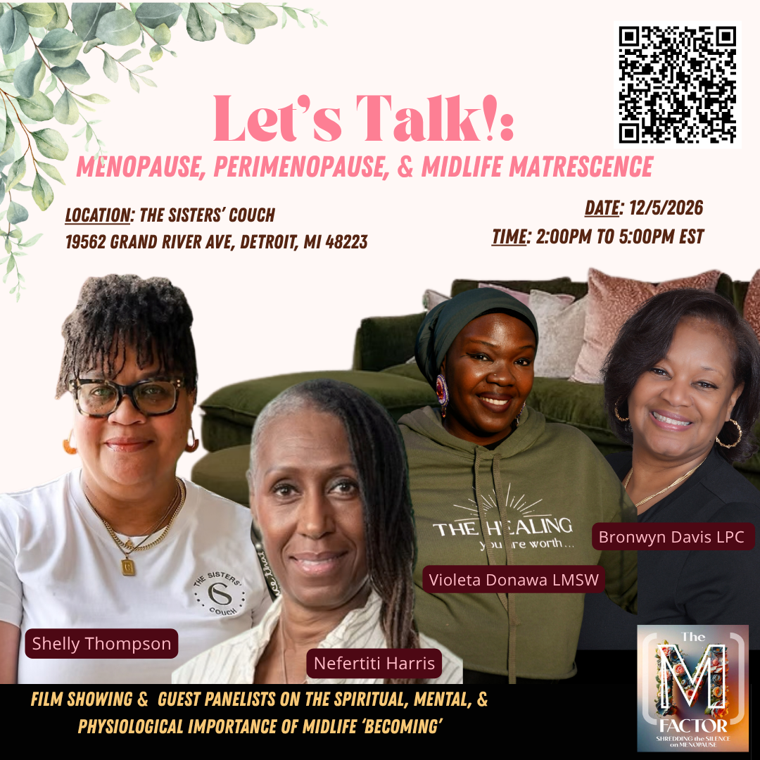 Promotional flyer for a talk on menopause, perimenopause, and midlife matrescence featuring four women, with event details and a small logo of 'The M Factor' at the bottom right.