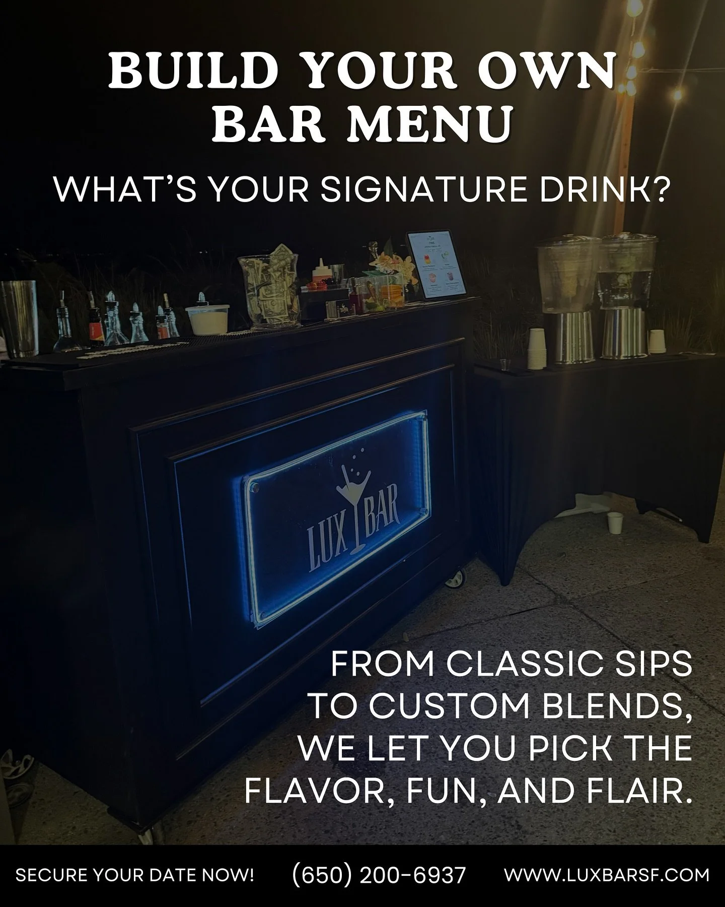 🍹✨ Forget basic drinks&mdash;this is your bar, your rules.
Want a spicy margarita called Drama on the Rocks? Done.
A fruity punch named Aunt Linda&rsquo;s Secret Recipe? We got you. 😂

At LuxBar, we let you pick the menu, the vibe, and the fun.
Bec