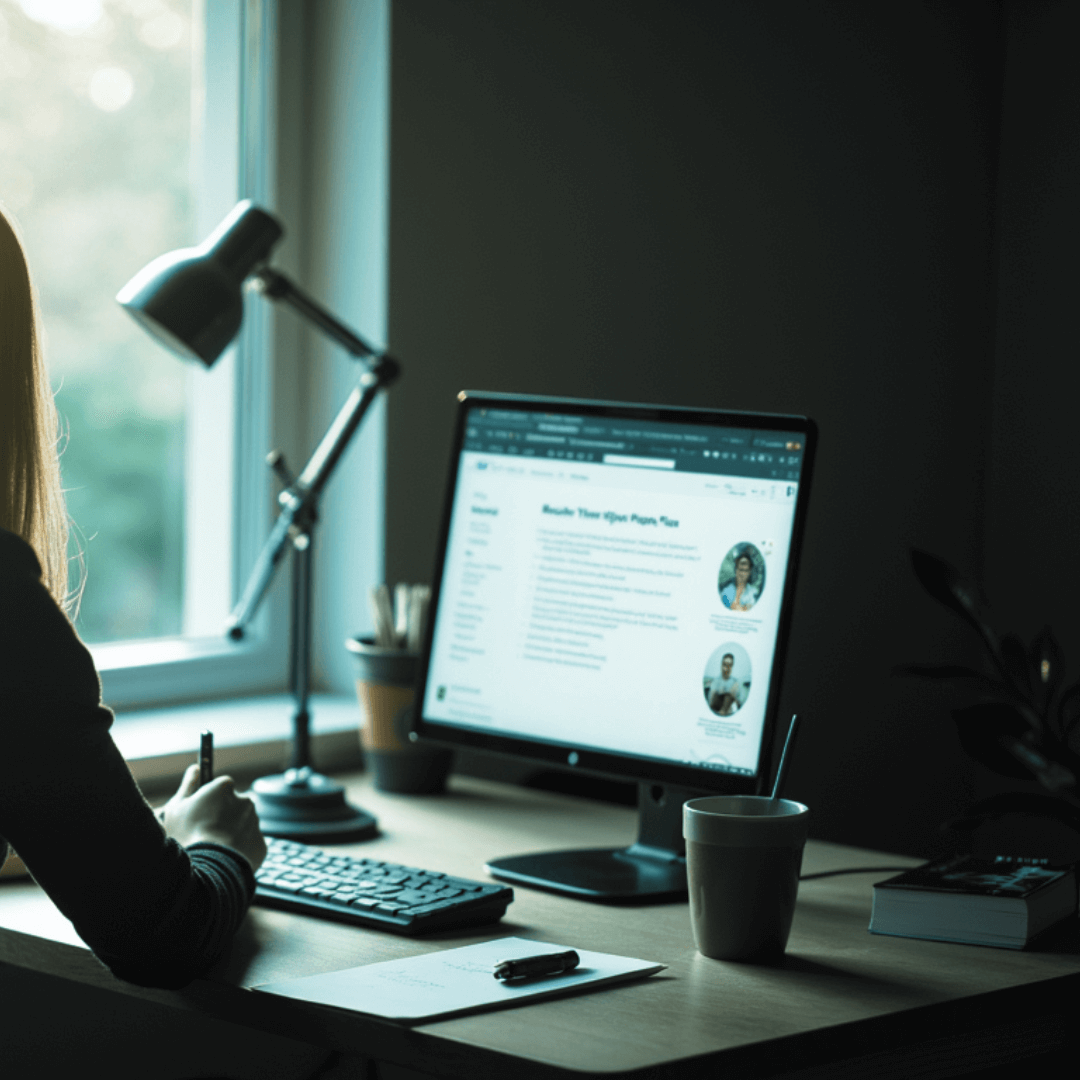 Person sitting at a desk using a computer, with a lamp, keyboard, mouse, coffee cup, and notebook. The desk is near a window with daylight filtering in.