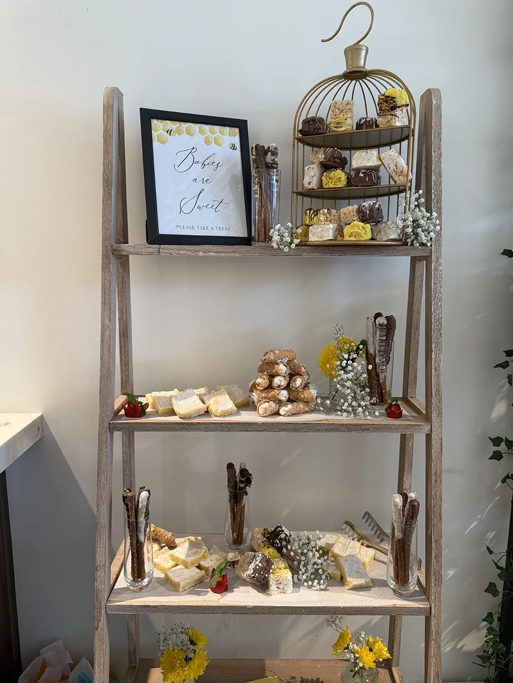 A wooden shelf with three tiers displays assorted cookies, candies, and floral decorations. A framed sign reads "Babies are Sweet" and instructs to take a treat. The top tier has a decorative birdcage with colorful cookies inside, along with jars of 