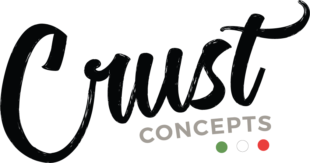 Logo for Crust Concepts with black cursive text and smaller gray text reading 'Concepts' underneath. Contains three small circles colored green, white, and red.