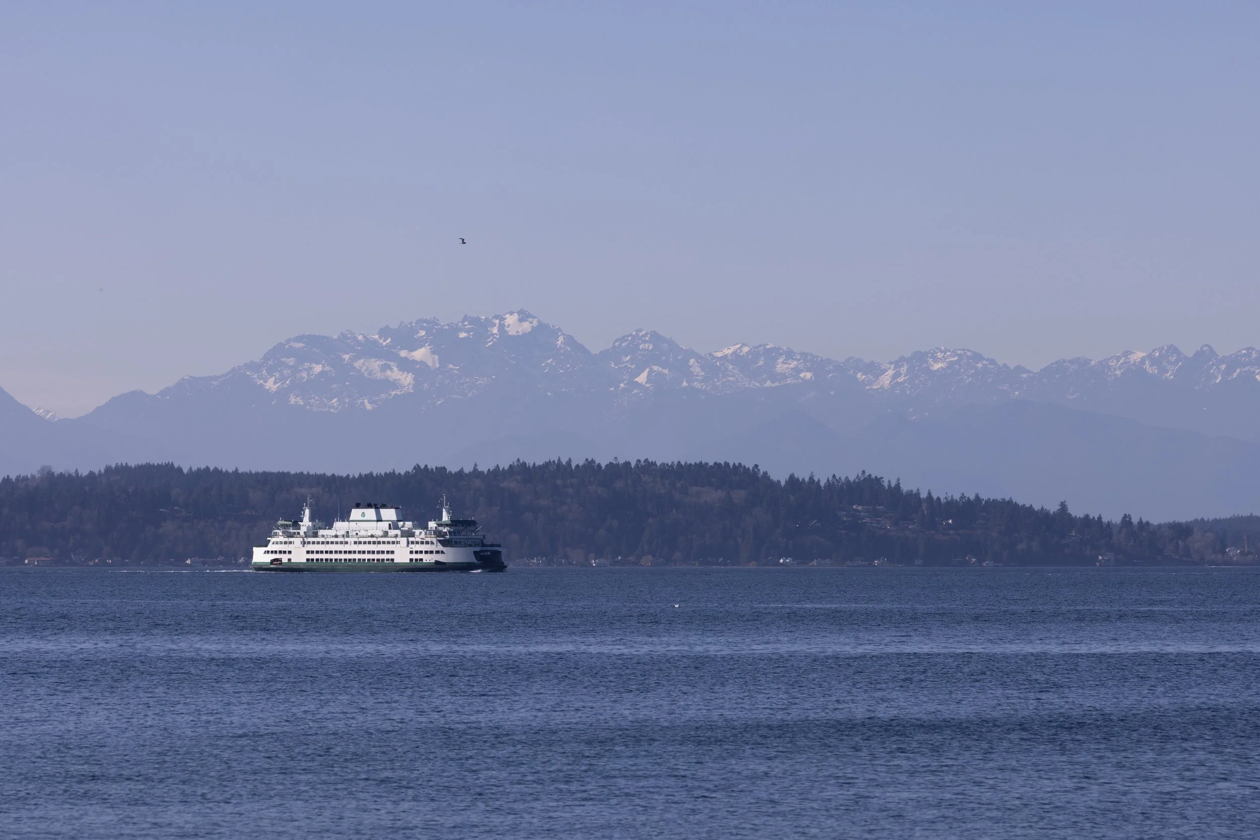 A Washington State Ferry from Alki Beach in Seattle, Washington.
