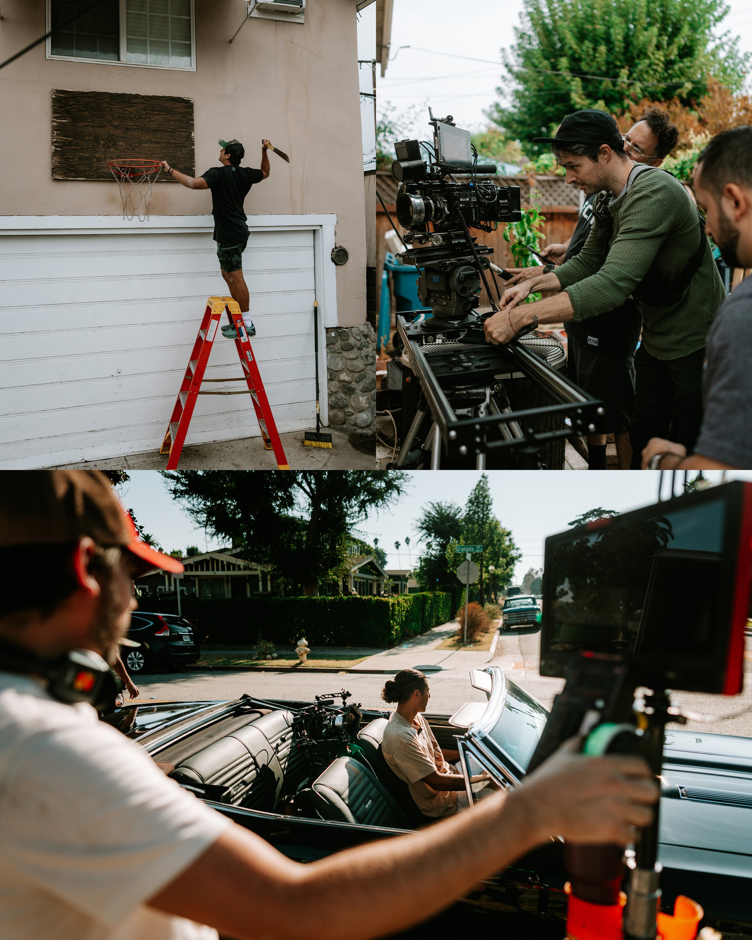 Film crew setting up a shot with a man on a ladder installing a basketball hoop on a garage, and crew filming a person in a convertible car with a mounted camera. Promotional image from Courage short film featuring Native American youth reconnecting