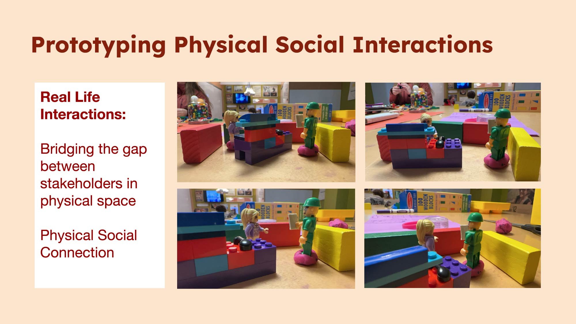 Using modeling kits, we prototyped the social interactions within our solution, emphasizing the importance of bridging the gap between people and technology. Insights from our empathy interviews reinforced that “people need people.” Strengthening con