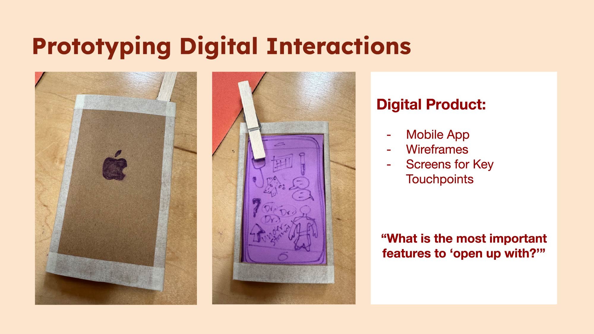 We began sketching wireframes for a mobile app, focusing on features that address key pain points and enhance user interaction at critical touchpoints. This early prototype allowed us to brainstorm solutions and prioritize functionality to improve th