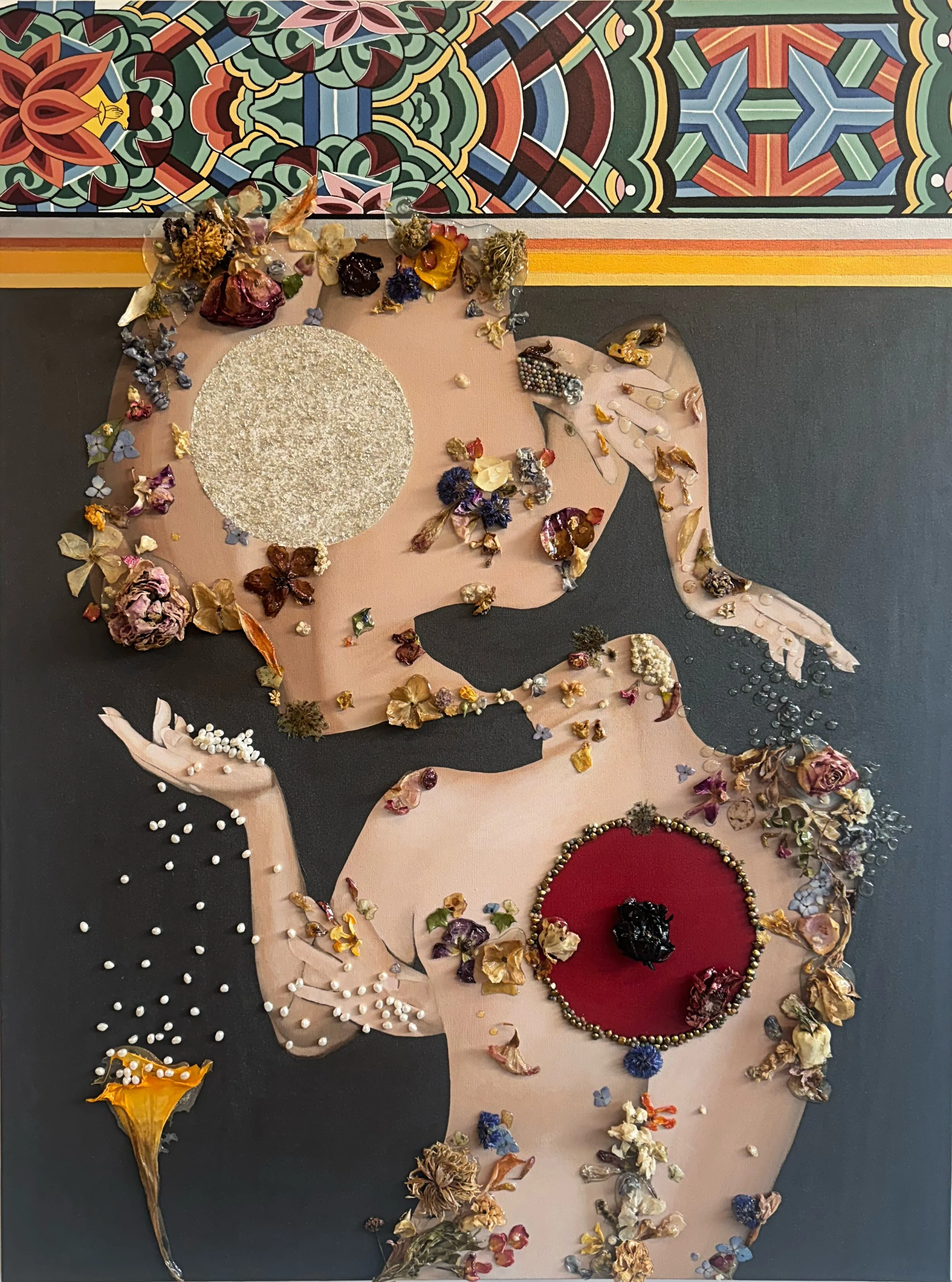 A body as offering, adorned with dried flowers, pearls, and fabric. This piece reflects on memory carried in the skin and the cycles of loss and renewal.