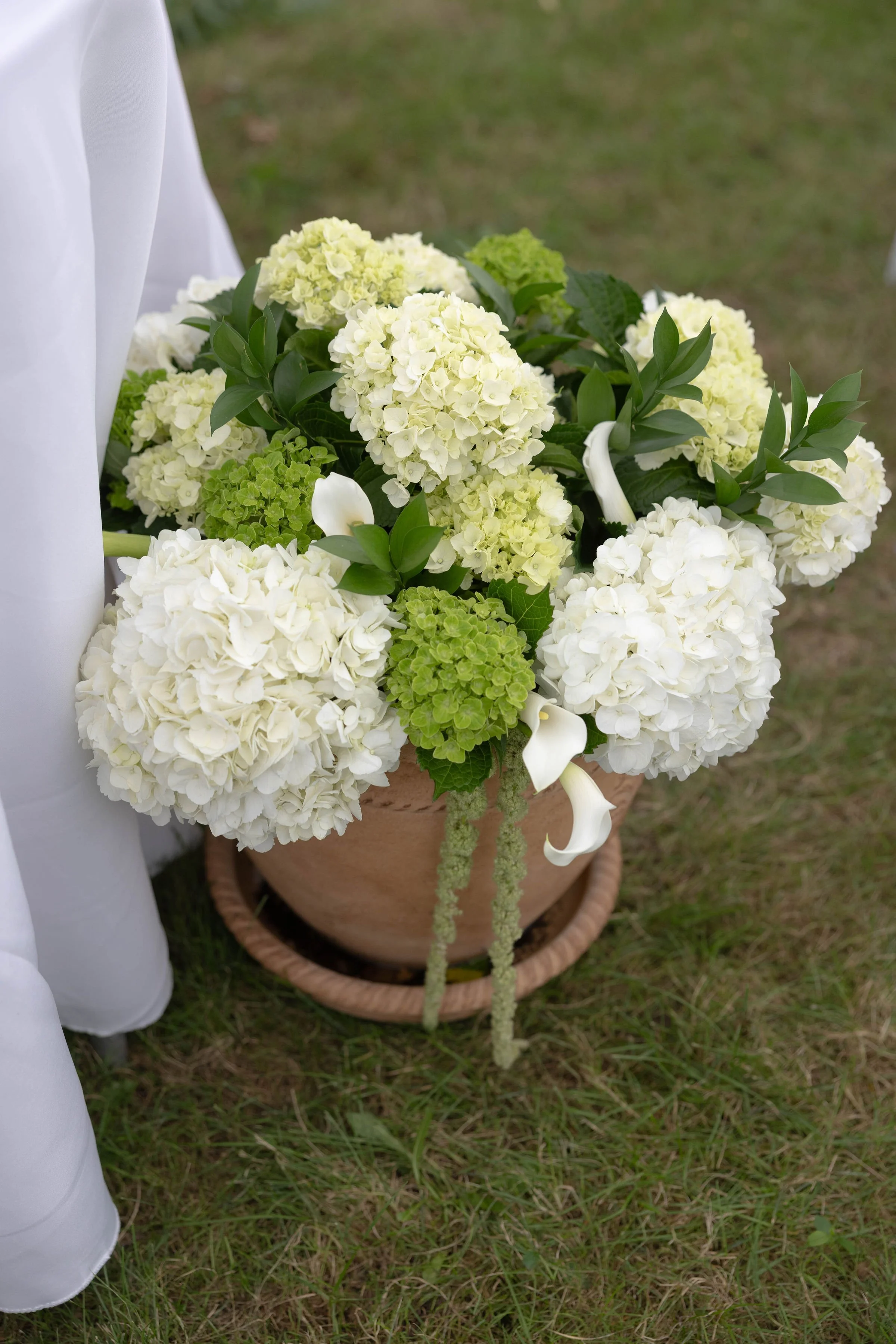 Person in white clothing holding a bouquet of cream and green hydrangeas and calla lilies in a terracotta pot, outdoors on grass.