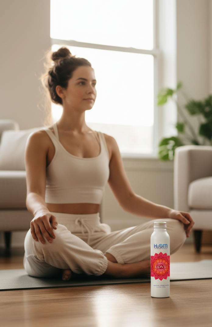 Person meditating with H2Om Love bottle