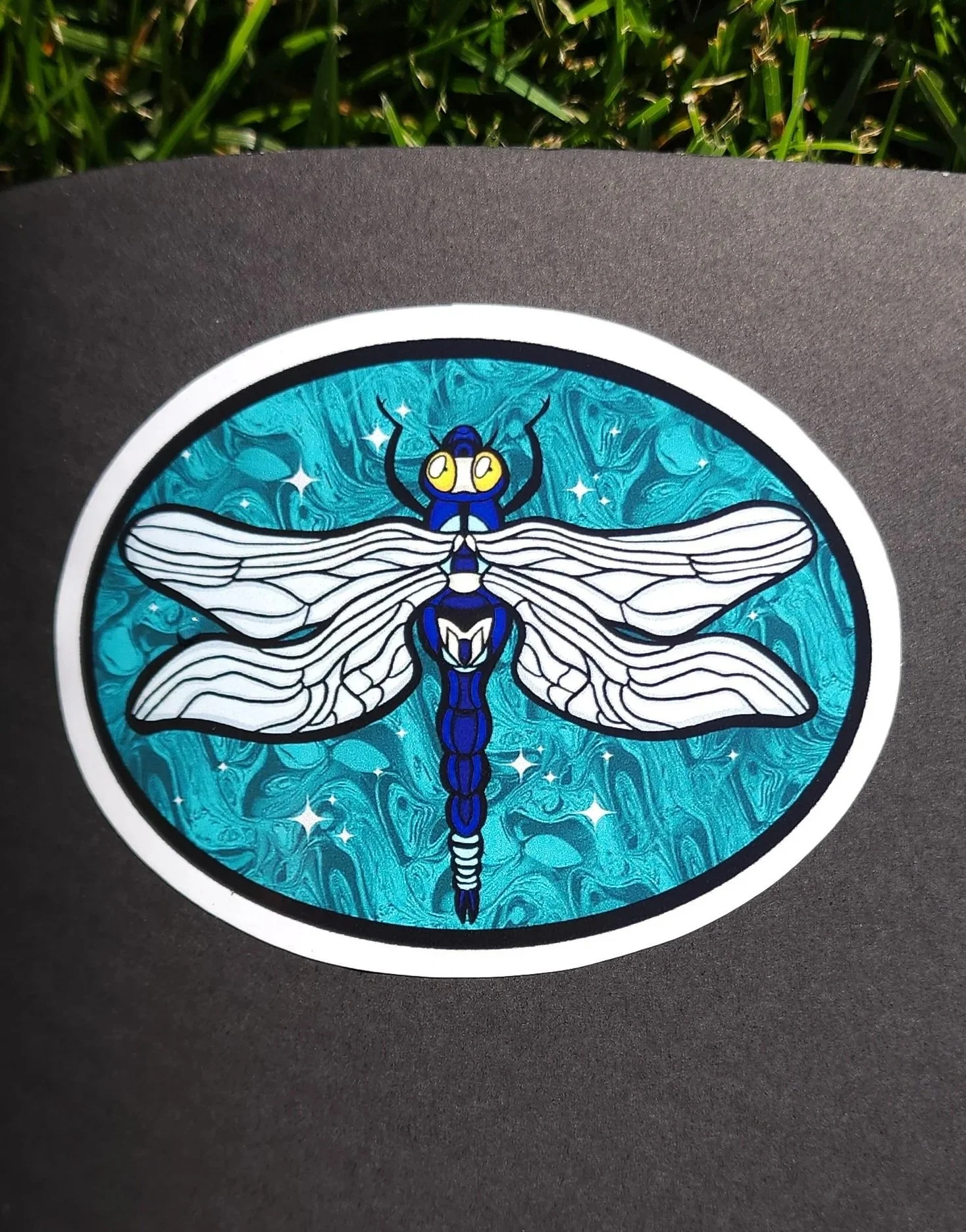 blue teal dragonfly insect chrome star whimsy vinyl decal sticker