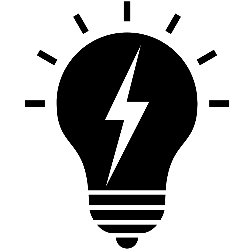 A black silhouette of a light bulb with a lightning bolt inside it, symbolizing an idea or innovation.