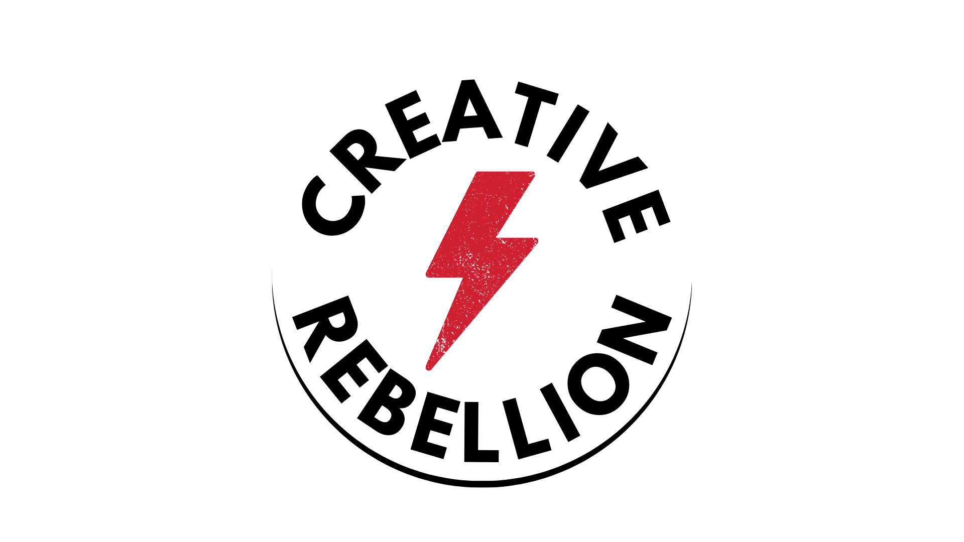 Circular logo with the words 'Creative Rebellion' in black around the edge, and a red lightning bolt in the center.