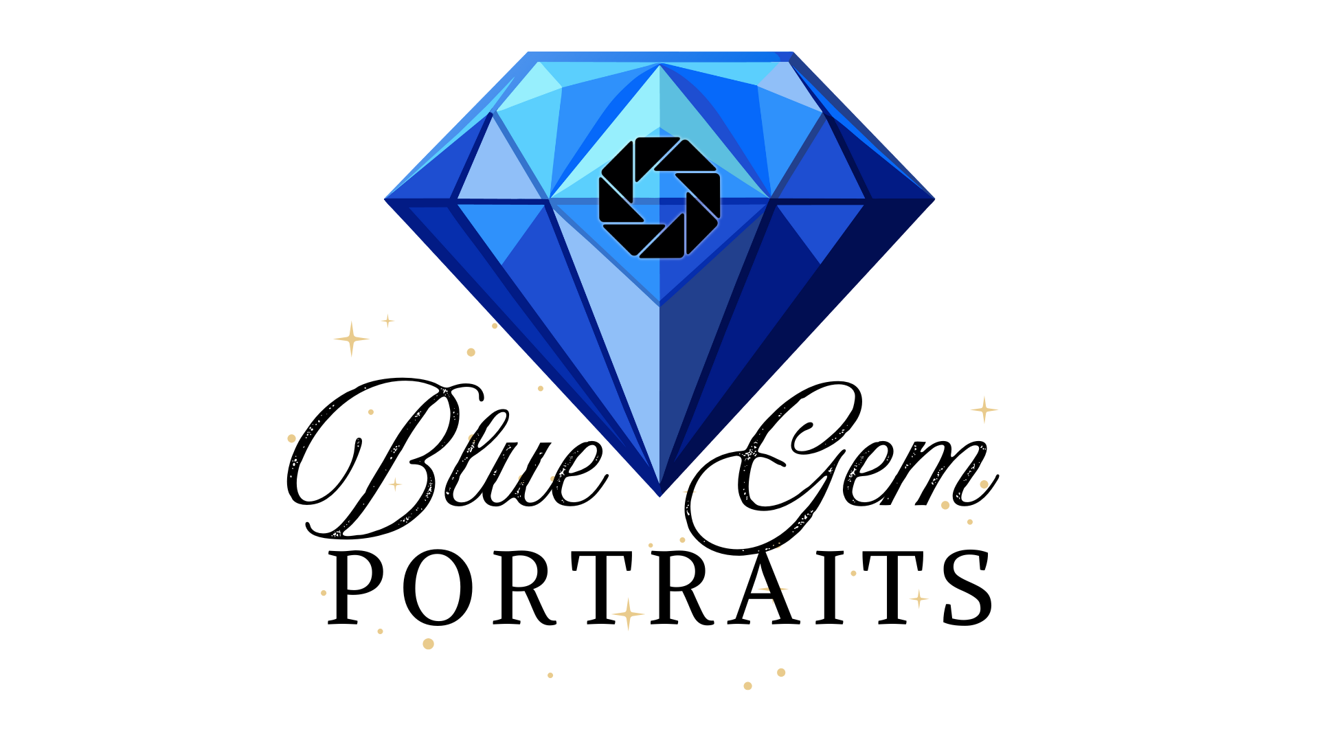 A blue gemstone diamond graphic with a camera shutter icon inside it, above the text "Blue Gem Portraits" in elegant cursive and bold fonts, surrounded by small gold stars on a white background.