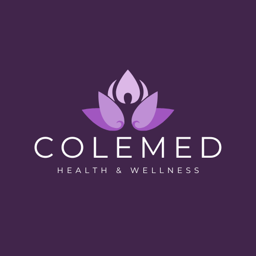 Logo for ColeMed Health & Wellness featuring a purple lotus flower with a person silhouette in the center on a dark purple background.