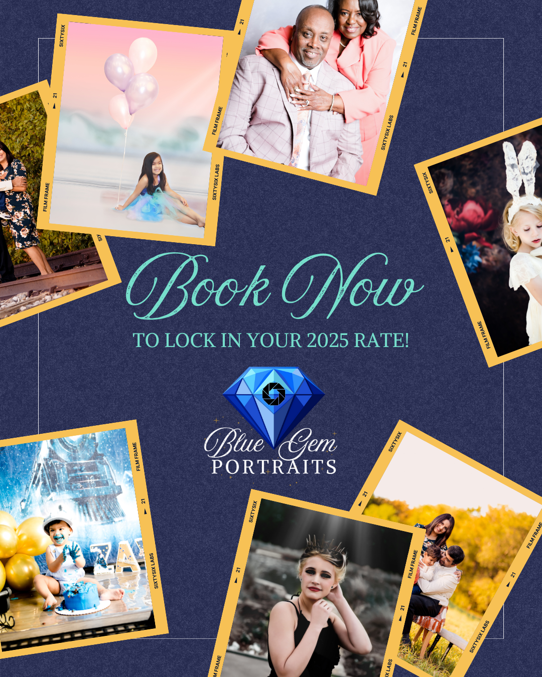 Collage of colorful portraits and candid photos of diverse people, including children and adults, set against a navy background with yellow film strip borders, promoting booking with Blue Gem Portraits.