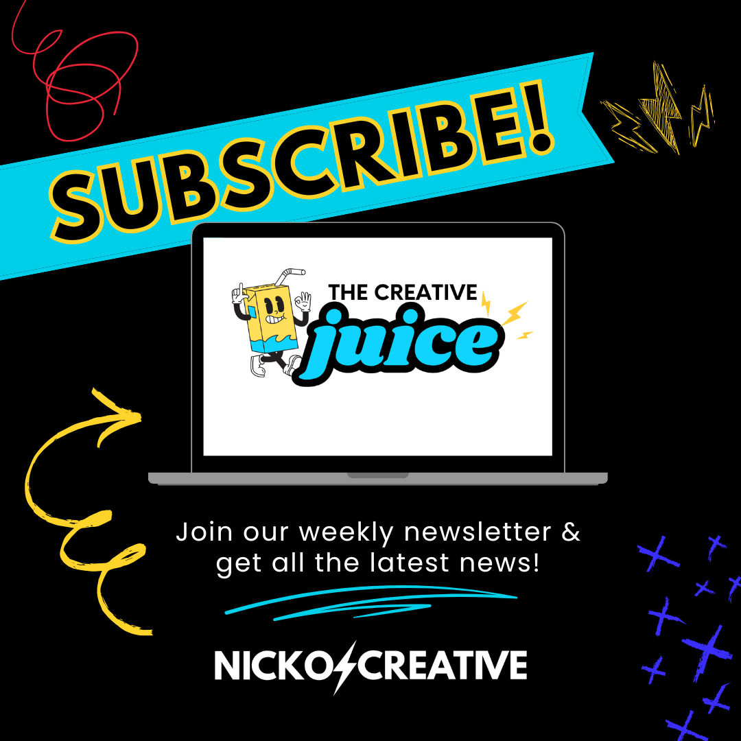 Graphic promoting a newsletter subscription for The Creative Juice, featuring a cartoon juice box character, a laptop graphic, and colorful decorative elements.