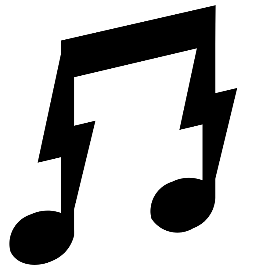 Black musical notes with lightning bolt shapes in the background on a white background.
