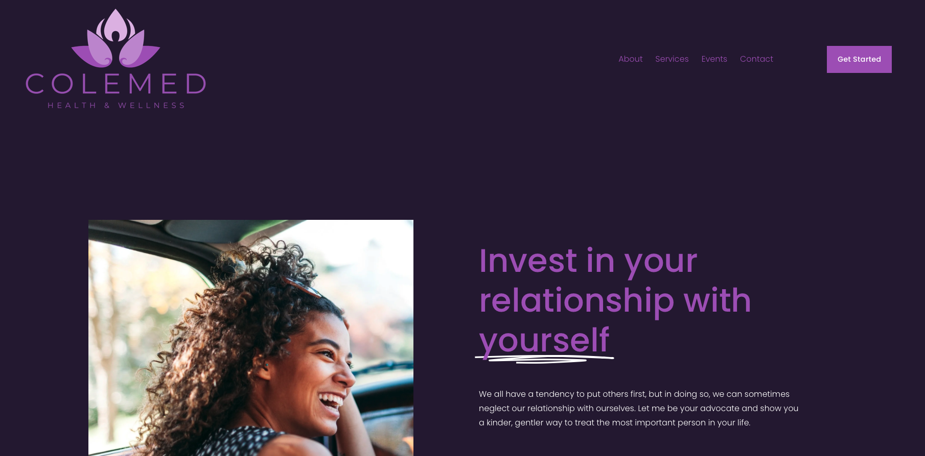 Website homepage for CoLMed Health & Wellness featuring a purple background, logo with a lotus flower, menu options, a prominent call-to-action button, and a photo of a smiling woman with curly hair.