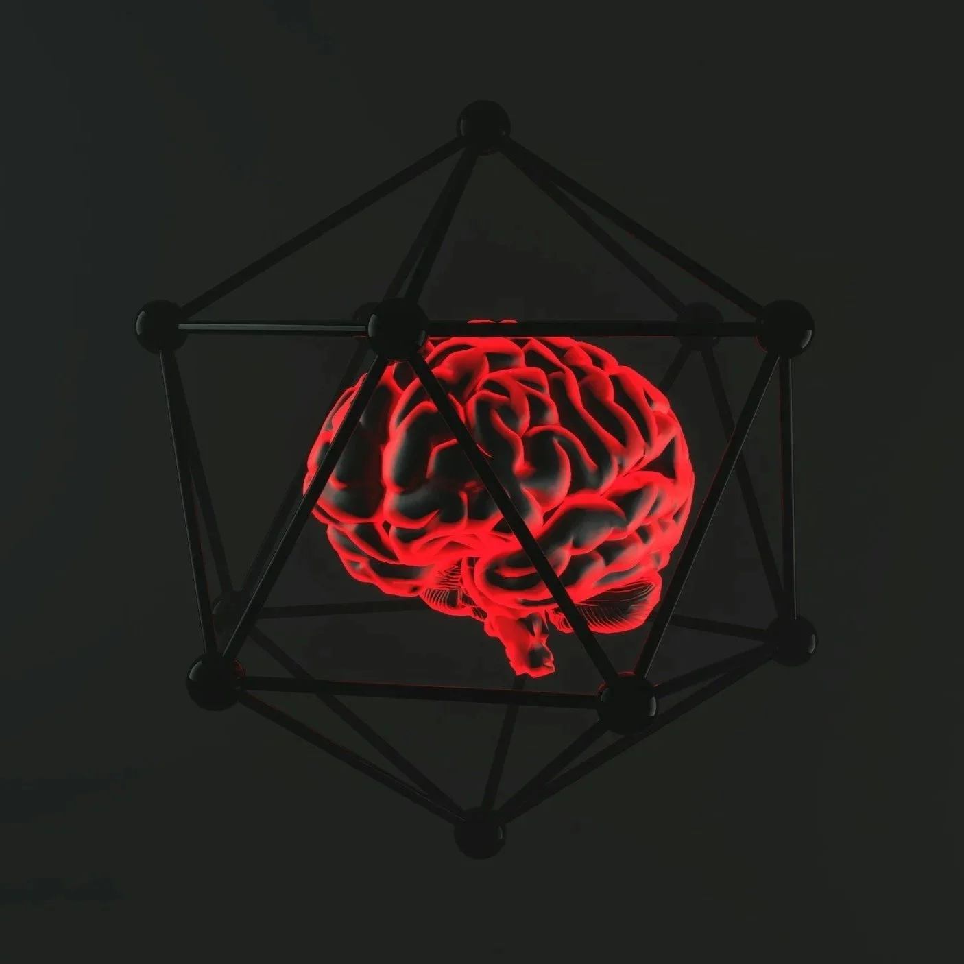 A digital illustration of a human brain glowing red, surrounded by a black 3D geometric structure on a dark background.
