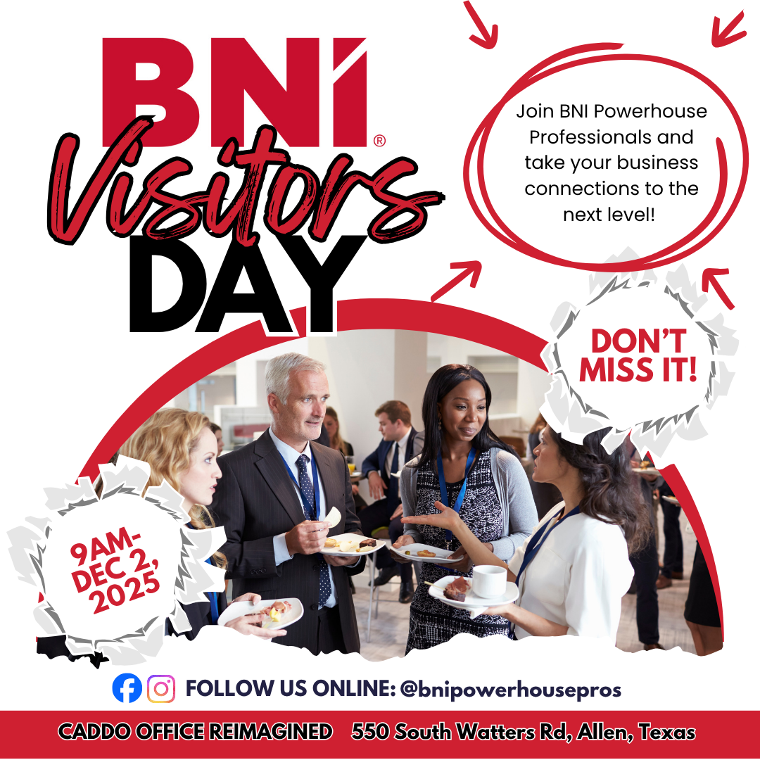 Group of business professionals networking at BNI Visitors Day event, with event details, date, and location.