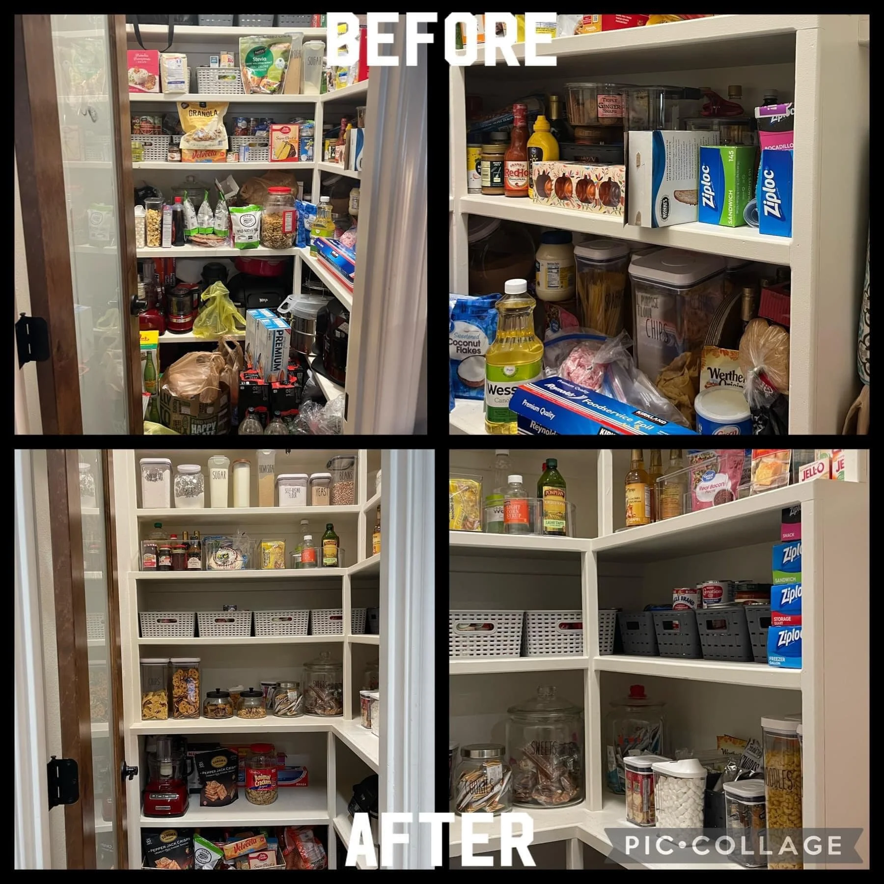 Comparison of a cluttered kitchen pantry before and after organization. The top images show an unorganized pantry with food items and containers in disarray. The bottom images show the same pantry neatly organized with labeled containers and neatly a