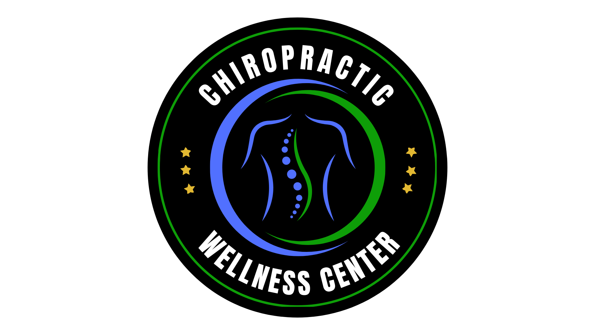 Logo for Chiropractic Wellness Center featuring a stylized human spine in blue and green, surrounded by the words 'Chiropractic Wellness Center' and six gold stars.