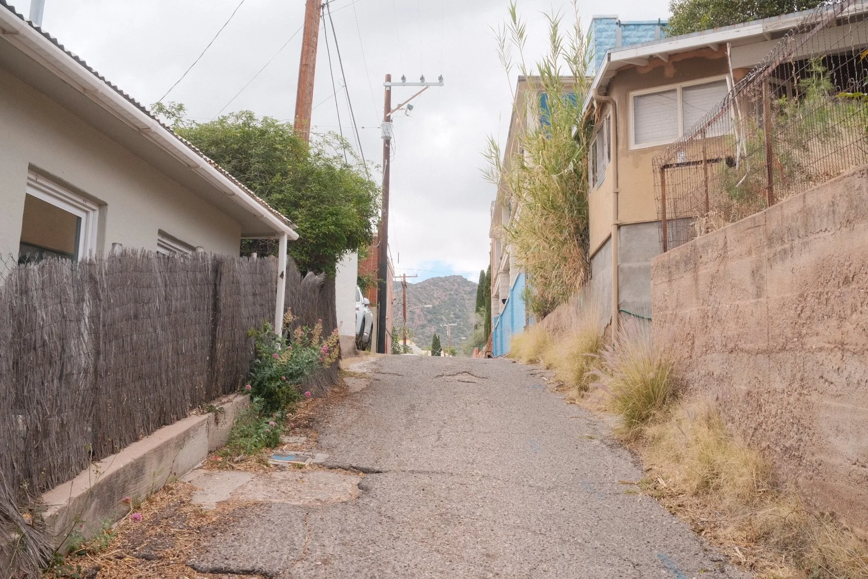 A narrow concrete alleyway between residential houses with utility poles and wires, some plants along the sides, and a mountainous landscape in the background.