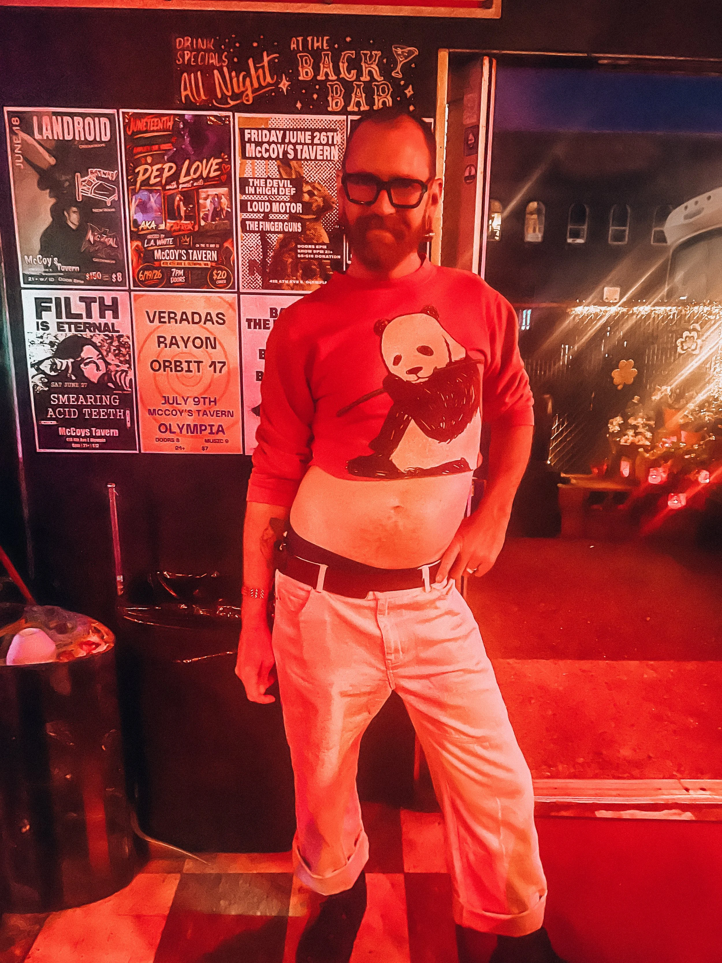 Nigel found this amazing panda crop top at Dumpster Values thrift store in Olympia. Photo by Cooper Gillespie.