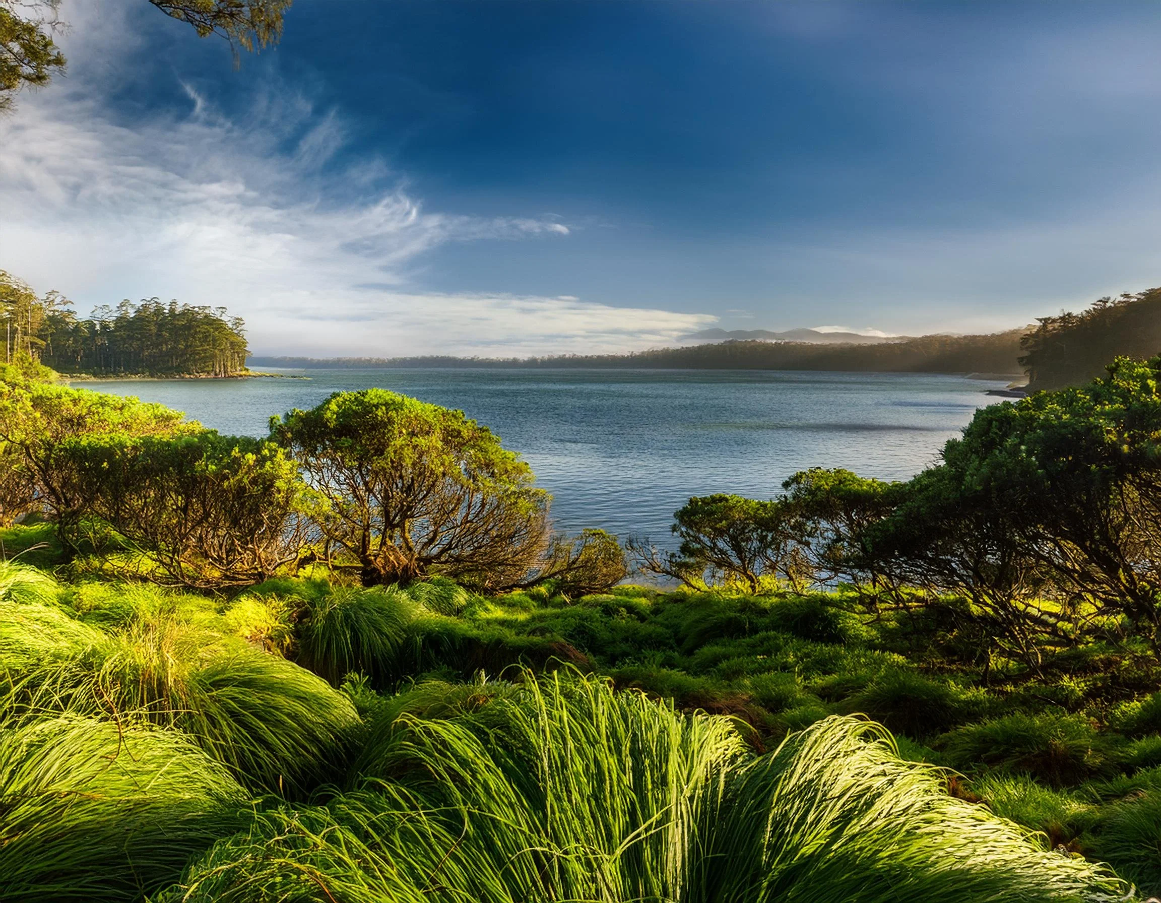 A scenic view of a lake surrounded by lush green trees and grasses under a partly cloudy blue sky.
