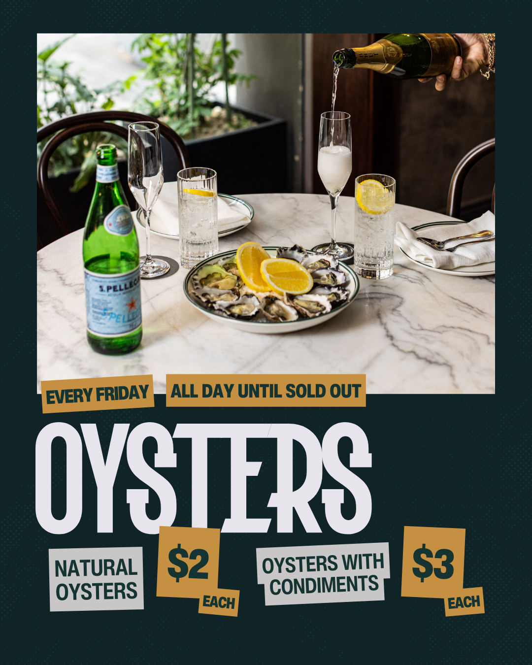 A plate of fresh natural oysters on ice with a promotional sign for $2 each, highlighting a Friday lunch special.
