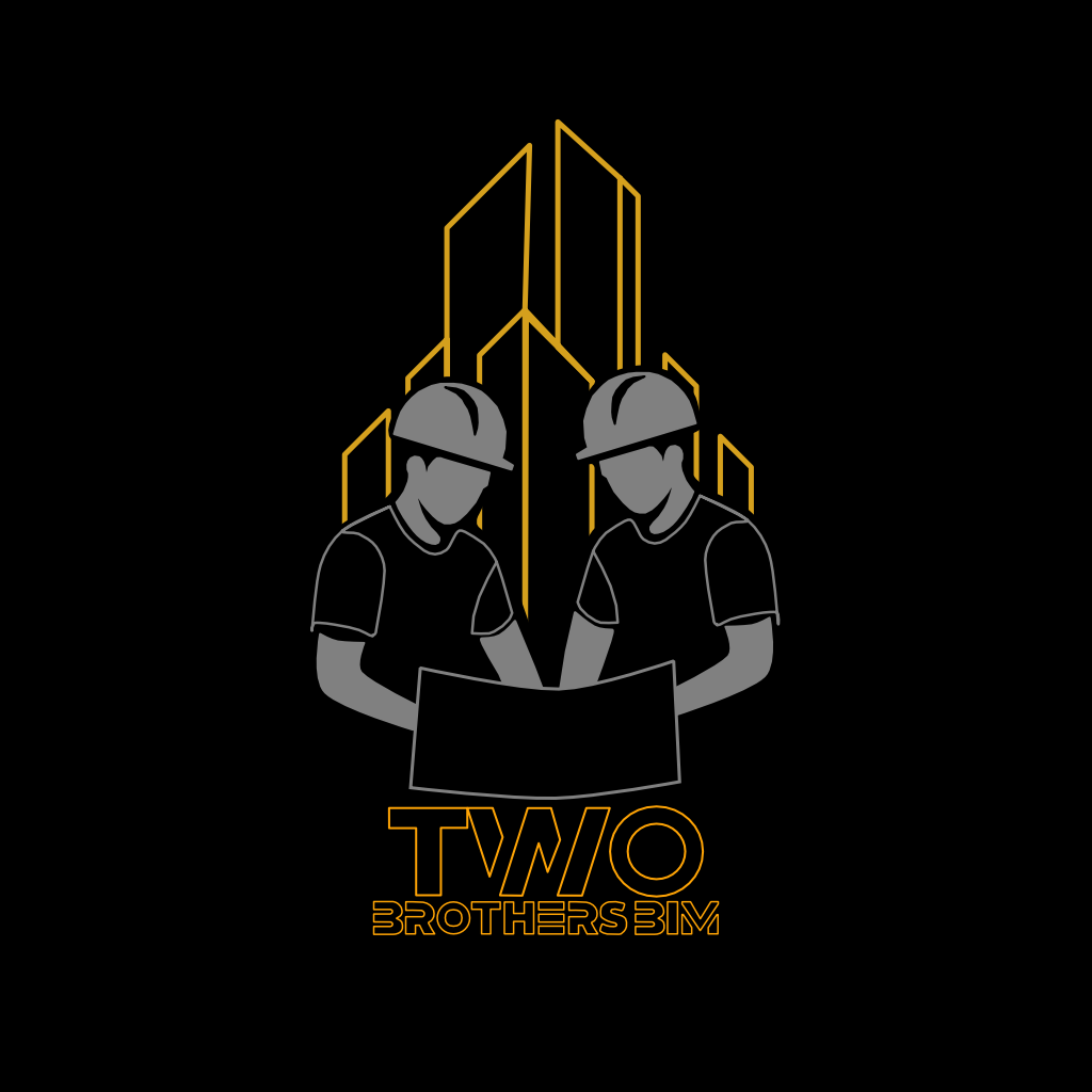 Illustration of two construction workers wearing helmets, looking at a blueprint with a skyline of buildings in the background. The text 'TWO BROTHERS BIM' is beneath them.