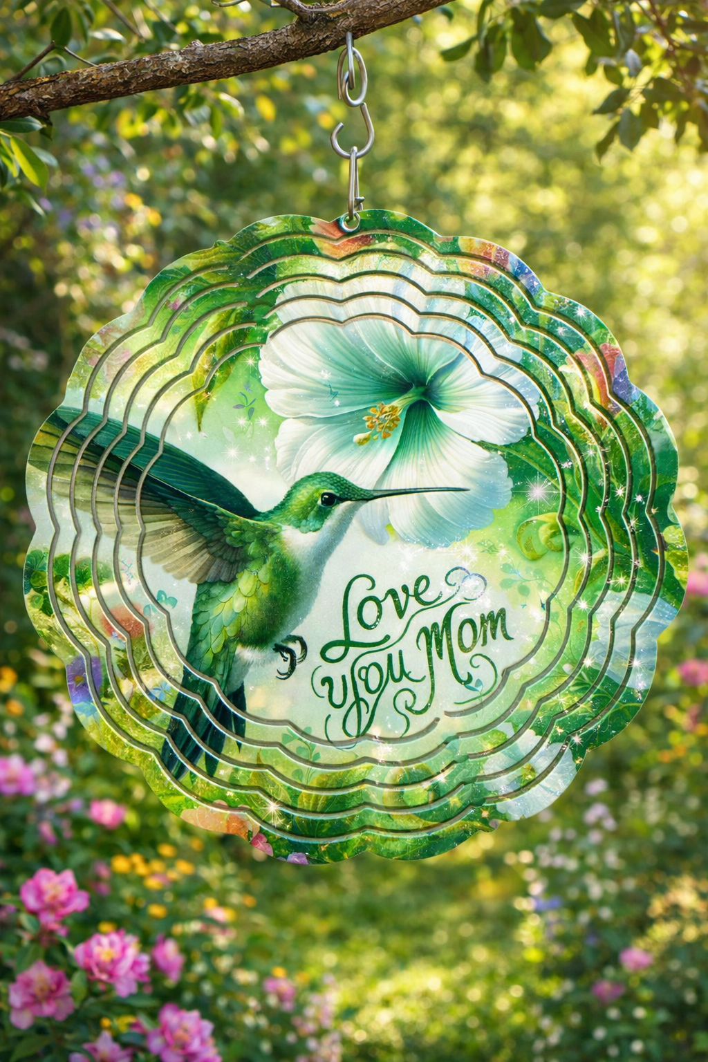 8 Inch Enchanted Hummingbird Mom Tribute Wind Spinner