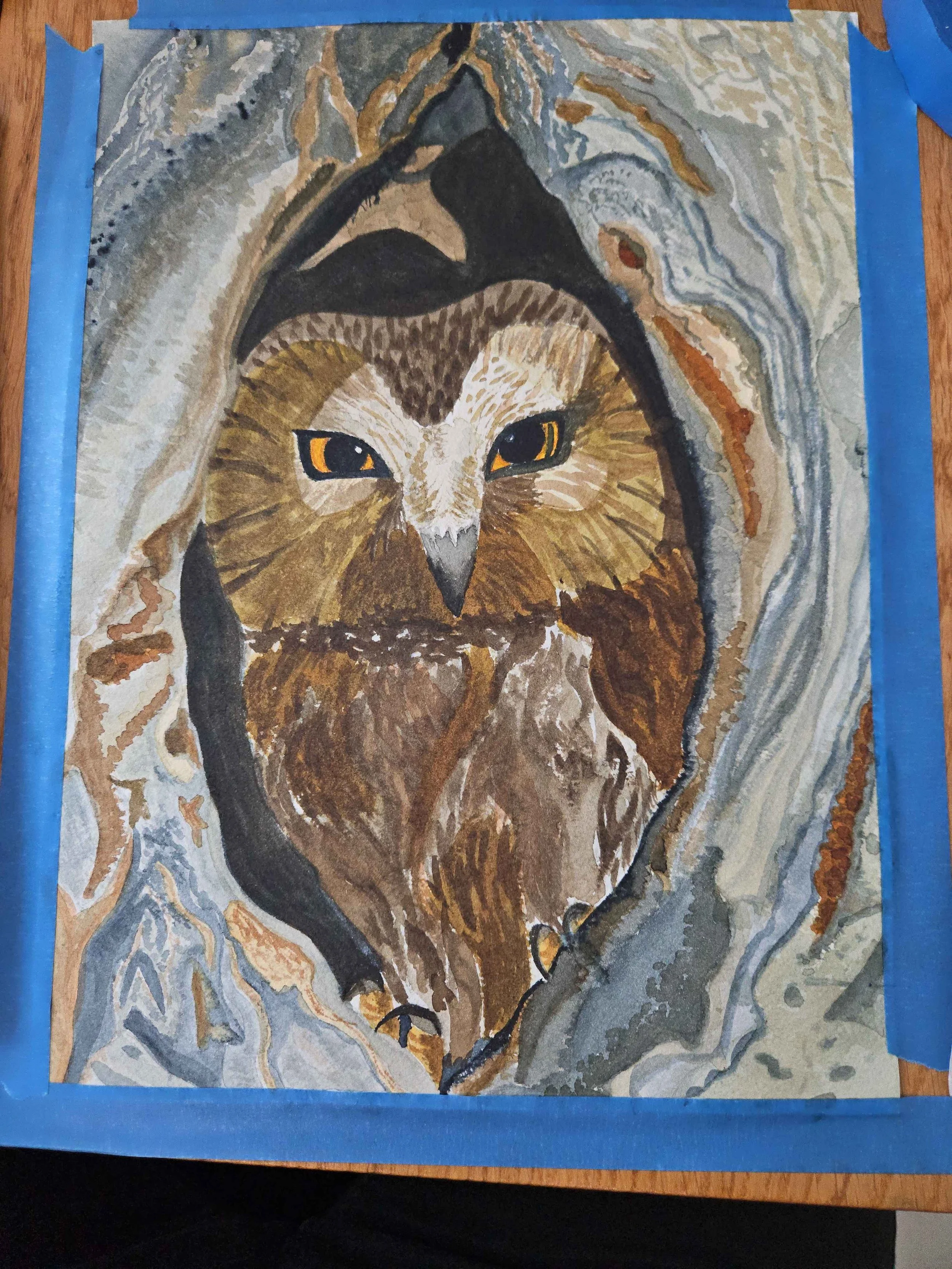 Northern Saw-Whet Owl: Graphite, Watercolor, and Colored Pencil