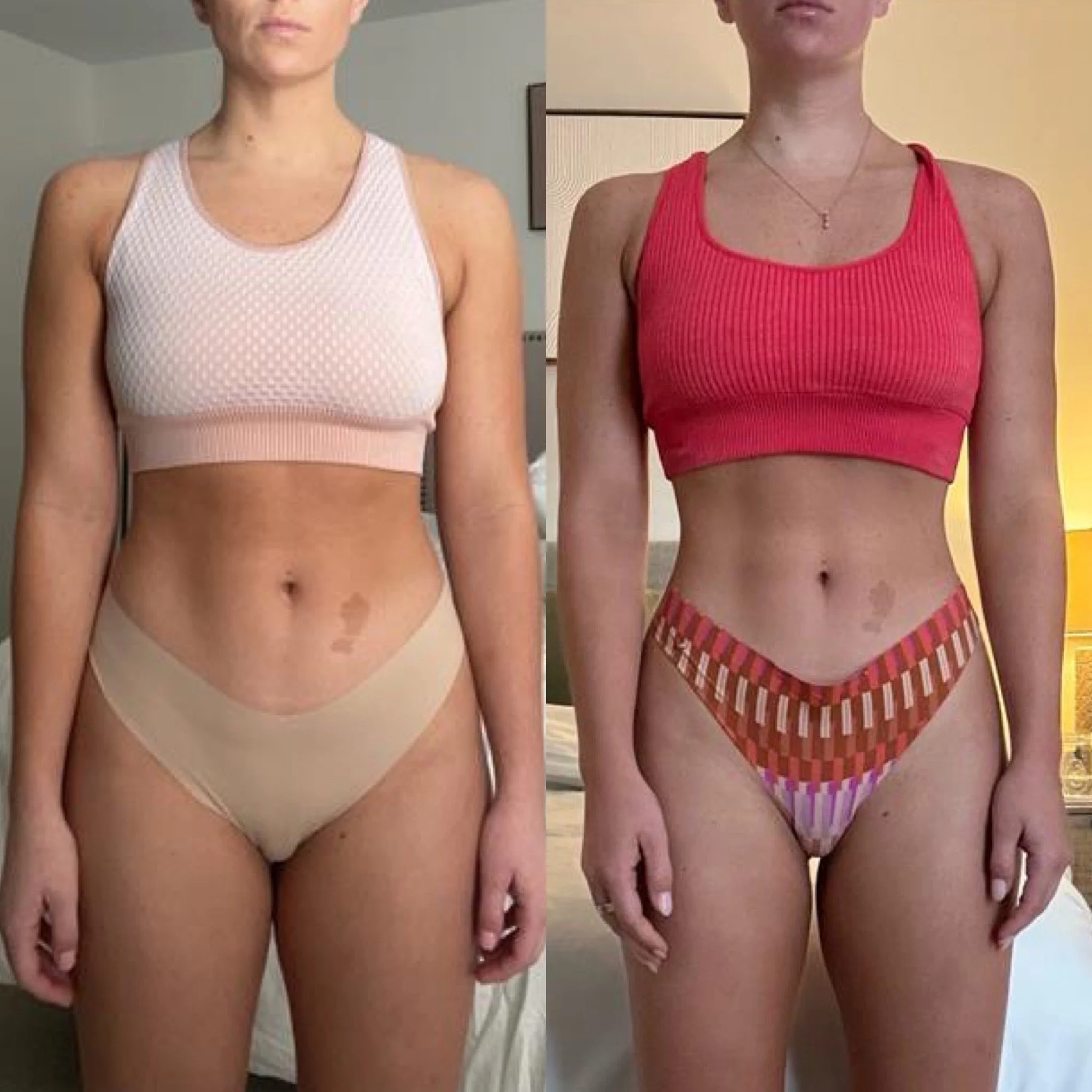 Side-by-side comparison of a woman before and after a transformation, wearing different sports bras and underwear, standing in a room with a bed and wall decor.