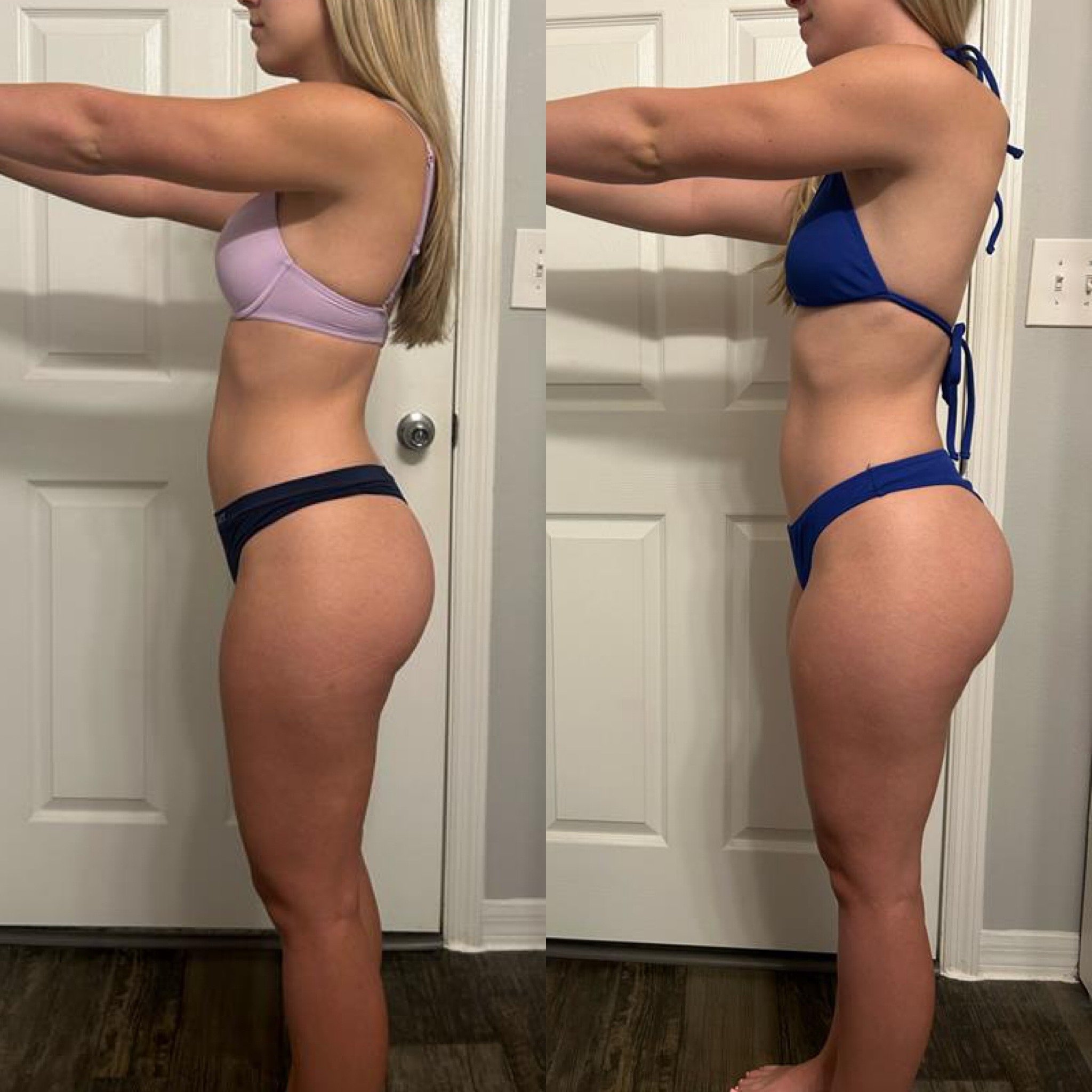 Comparison photo of a woman standing in profile, wearing a bikini, before and after a fitness or weight loss journey, showing a reduction in body fat and improvement in muscle tone.