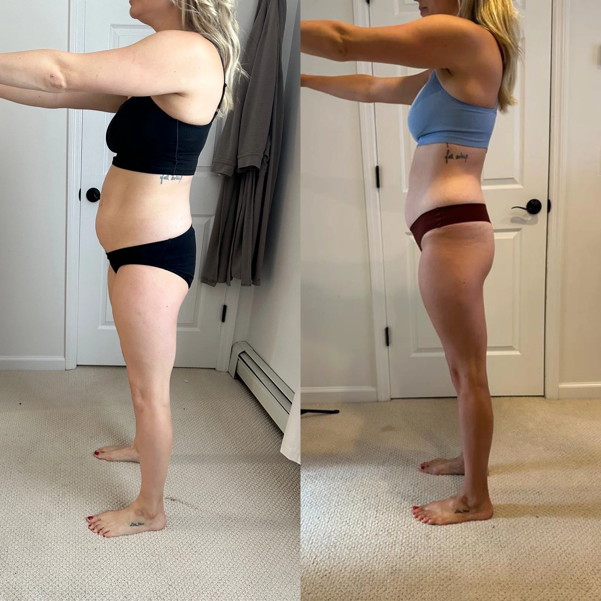 Side-by-side comparison of a woman's body before and after weight loss or fitness transformation, standing in profile with arms extended forward.