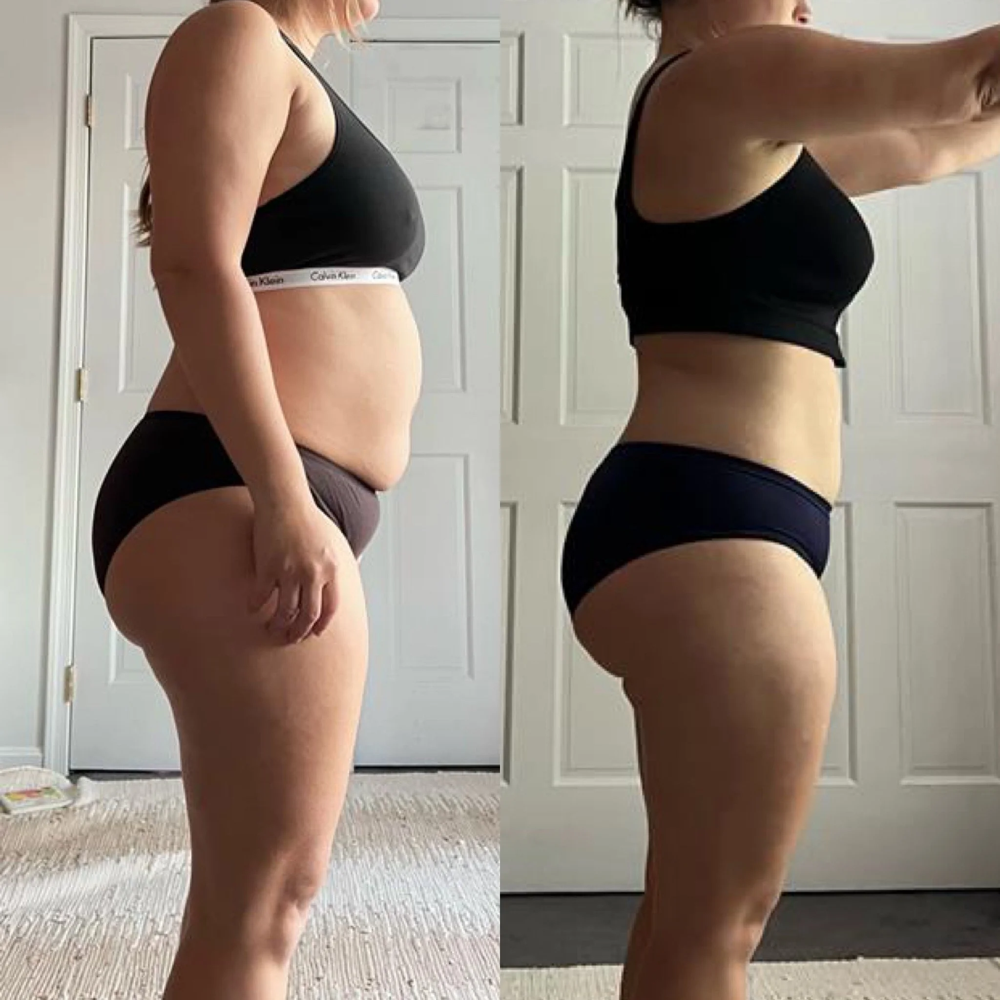 Side-by-side comparison photo of a woman showing weight loss progress, wearing black sports bras and underwear, standing in front of a white door with a beige carpeted floor.