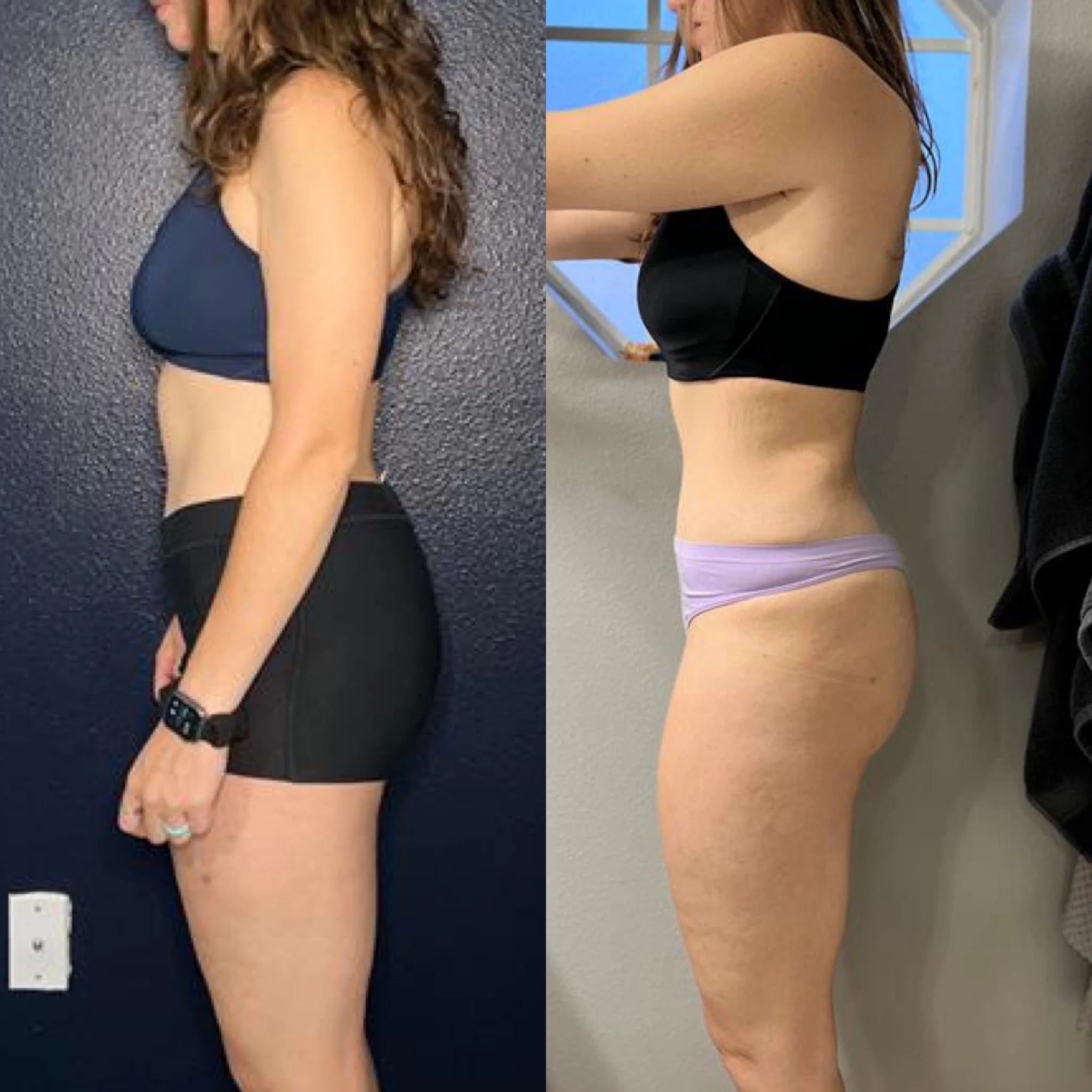 Side-by-side comparison of a woman's body before and after fitness or weight loss transformation, showing reduction in body fat and improved muscle tone.