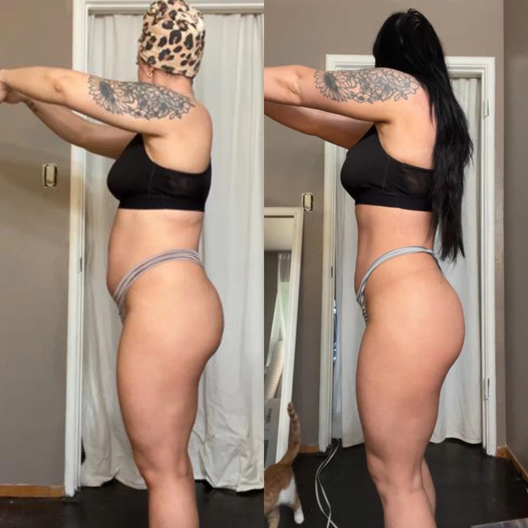 Side-by-side comparison of a woman before and after fitness transformation, wearing black sports bra and gray thong, with tattoos on her arms.
