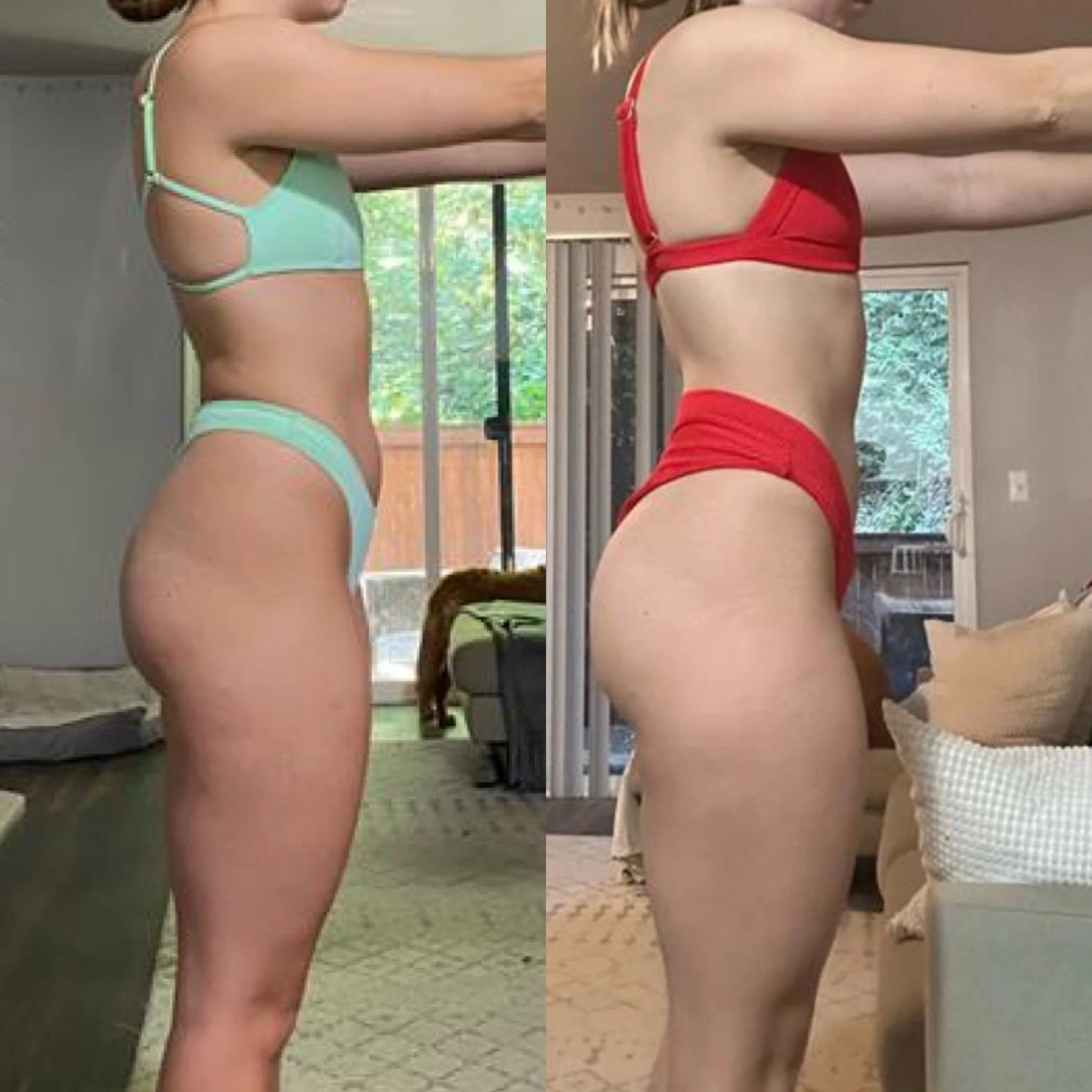 Side-by-side comparison of a woman’s body in two different states, wearing different colored underwear, with a background of a living room and a sliding glass door with natural light.